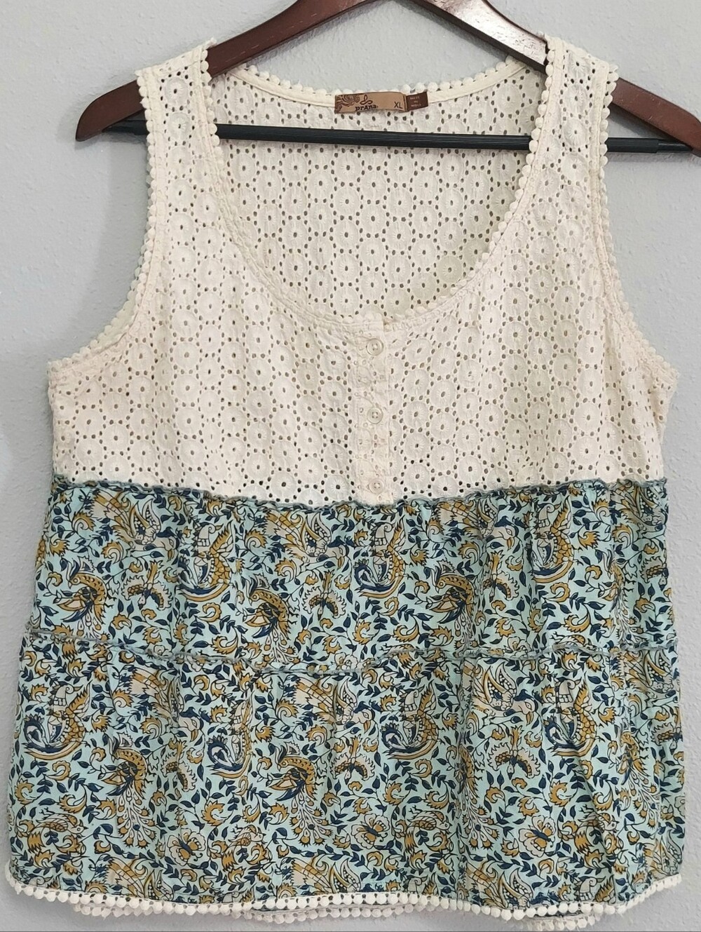 Prana Effie Eyelet Lace Tiered  Babydoll  Crochet Trim Tank Top XL